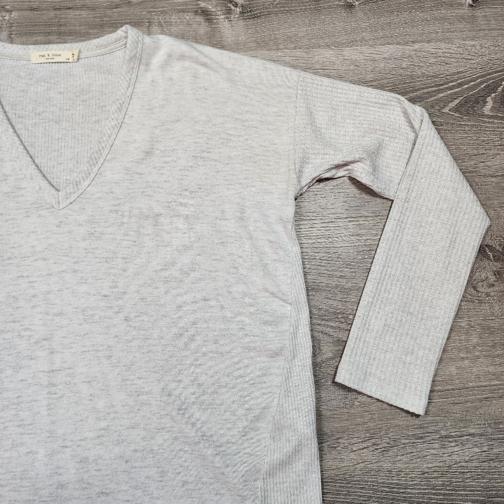 RAG & BONE Grey V-Neck Ribbed Thermal Knit Longe SleeveTop Large